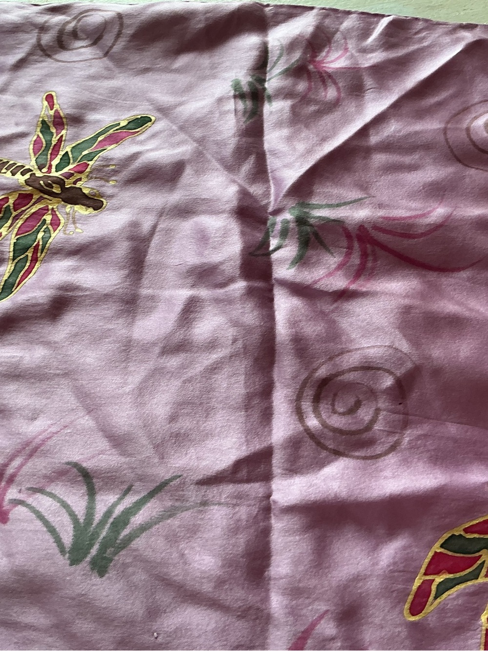 Dragon fly scarf..silk ..52” long..16” wide..signed “ Sigrid” by artist. Plus
